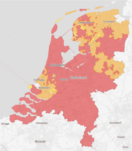 kaart van Nederland met grotendeels rode gebieden waar afname-congestie is, in Zuid-Holland en noord-oost Nederland is het oranje