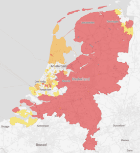 kaart van Nederland met grotendeels rode gebieden waar teruglever-congestie is, in Noord-Holland, Zuid-Holland, zuid Zeeland en uiterste noord-oosten is meer geel/oranje